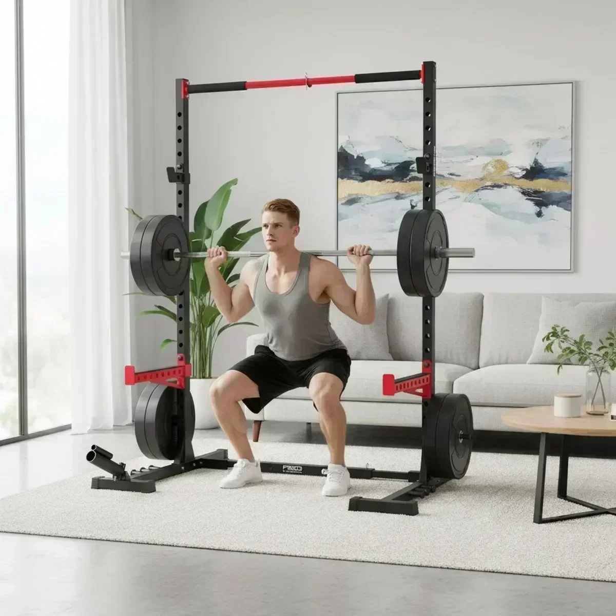 Pull Up Bar - Verstellbares Home-Gym-Kniebeugengestell mit Klimmzugstange, Hochleistungs-Stahl-Hantelkäfig für